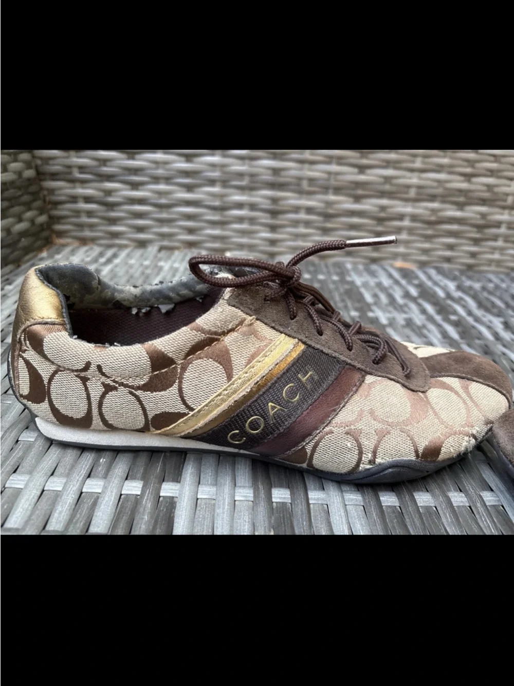 Coach Brown Signature Canvas Sneakers with Gold & Bronze Stripes - Women